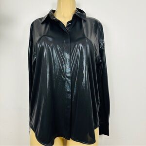 Anthropologie Metallic Liquid Blouse Sz M Black Long Sleeves